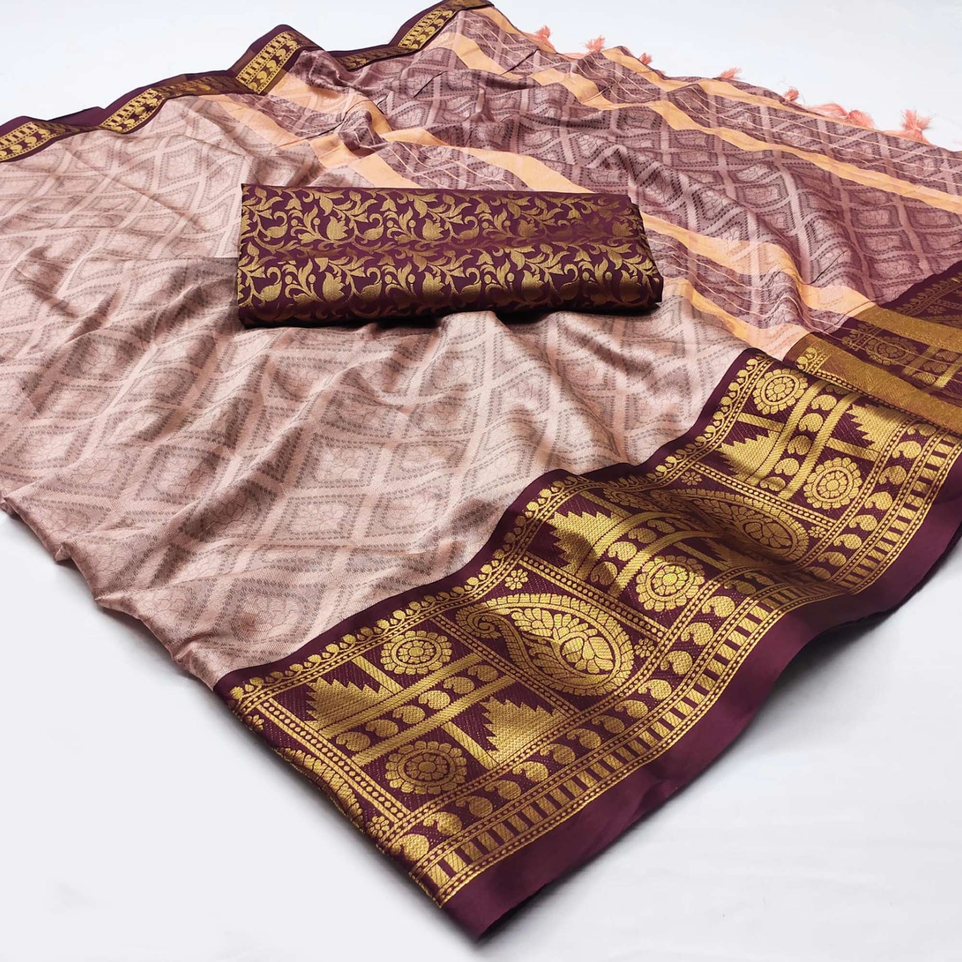 Brown Woven Cotton Silk Saree With Tassels
