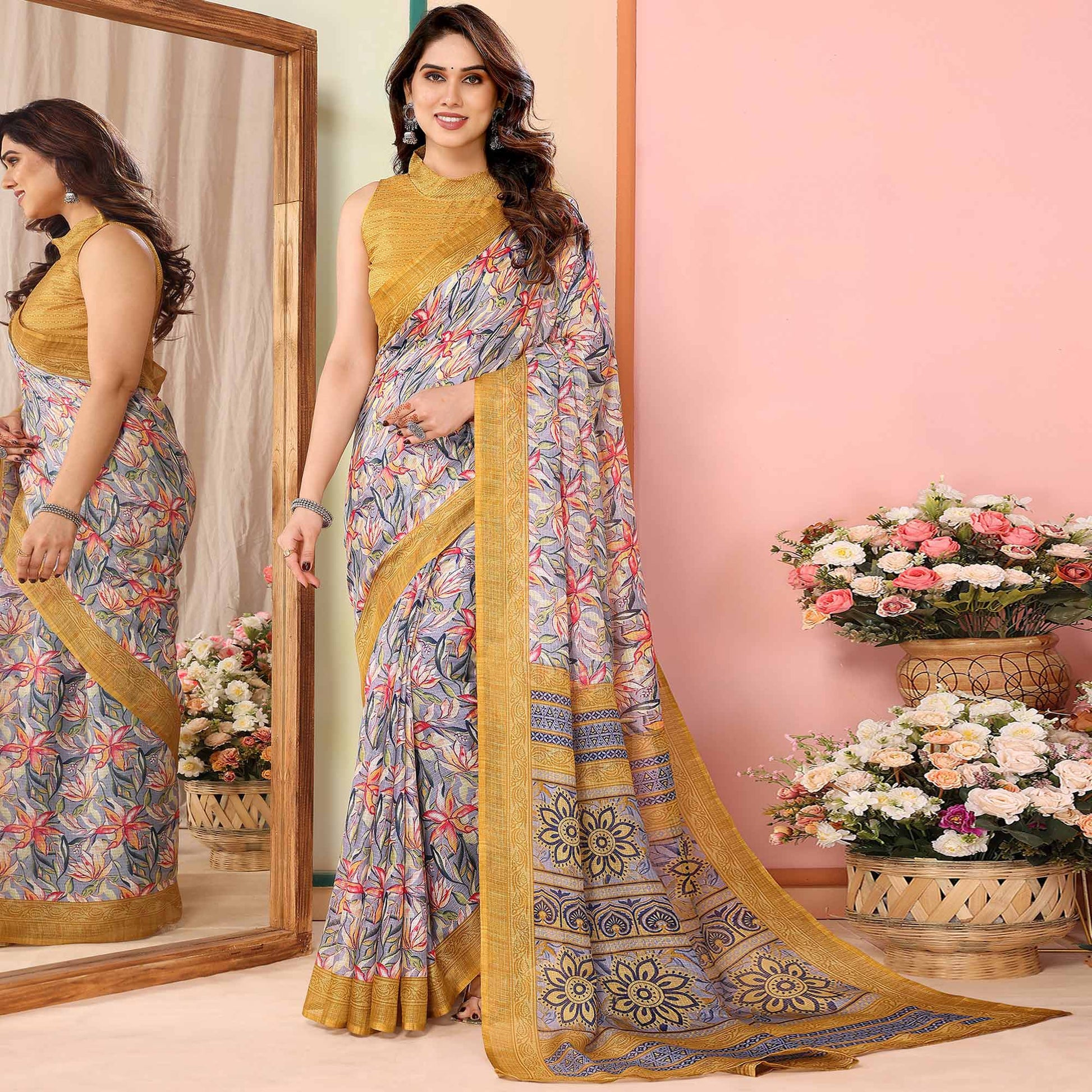 grey-mustard-floral-printed-kota-doria-saree