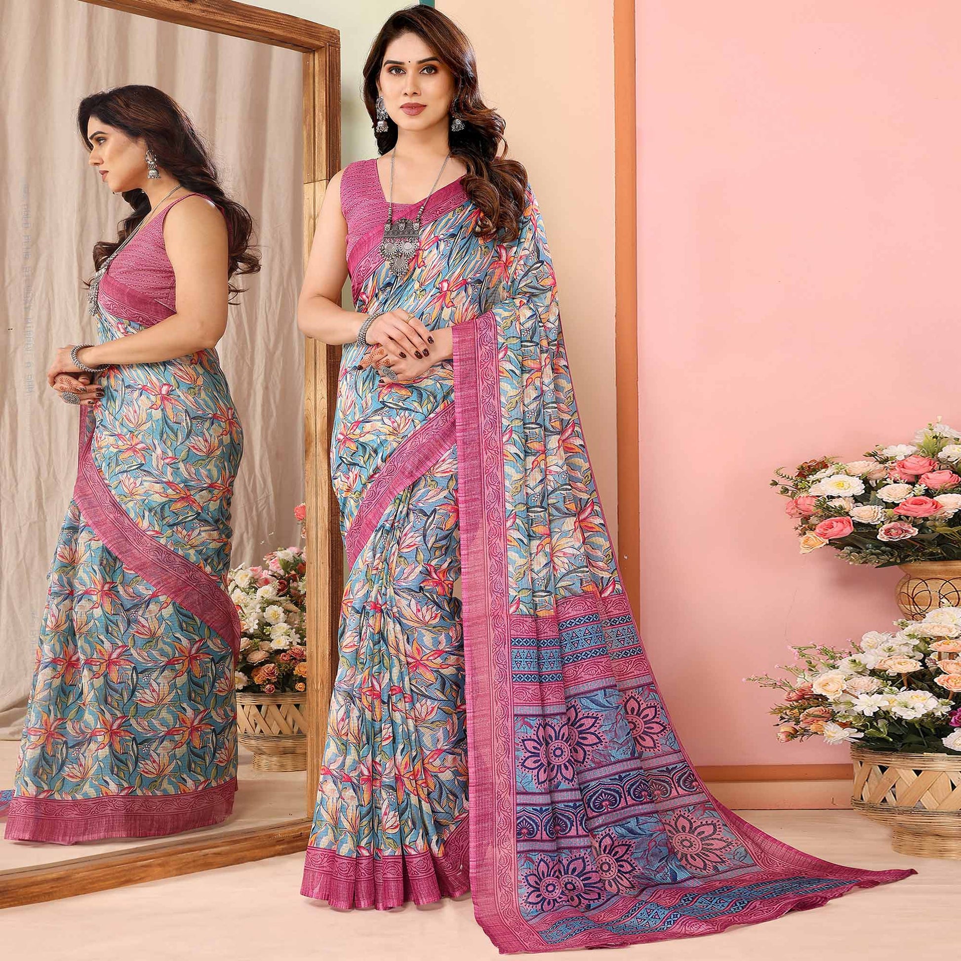 grey-pink-floral-printed-kota-doria-saree