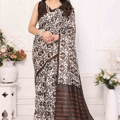 Brown Floral Printed Khaadi Saree