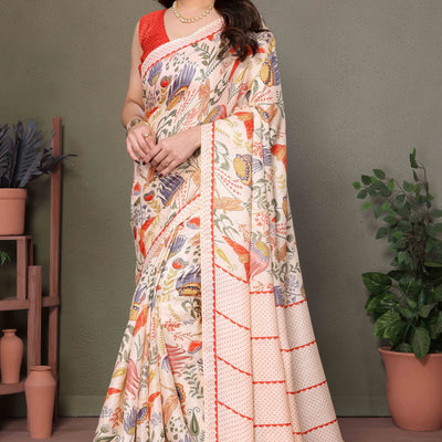 Cream Floral Printed Khaadi Saree