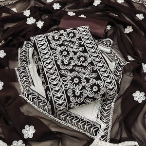 Coffee Brown Floral Embroidered Georgette Dress Material