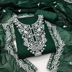Bottle Green Floral Embroidered Chanderi Dress Material