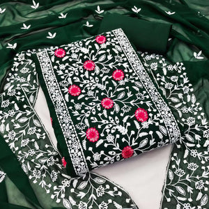 Bottle Green Floral Embroidered Georgette Dress Material