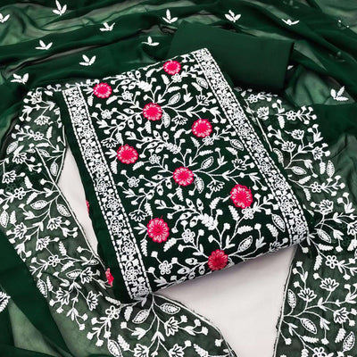 Bottle Green Floral Embroidered Georgette Dress Material