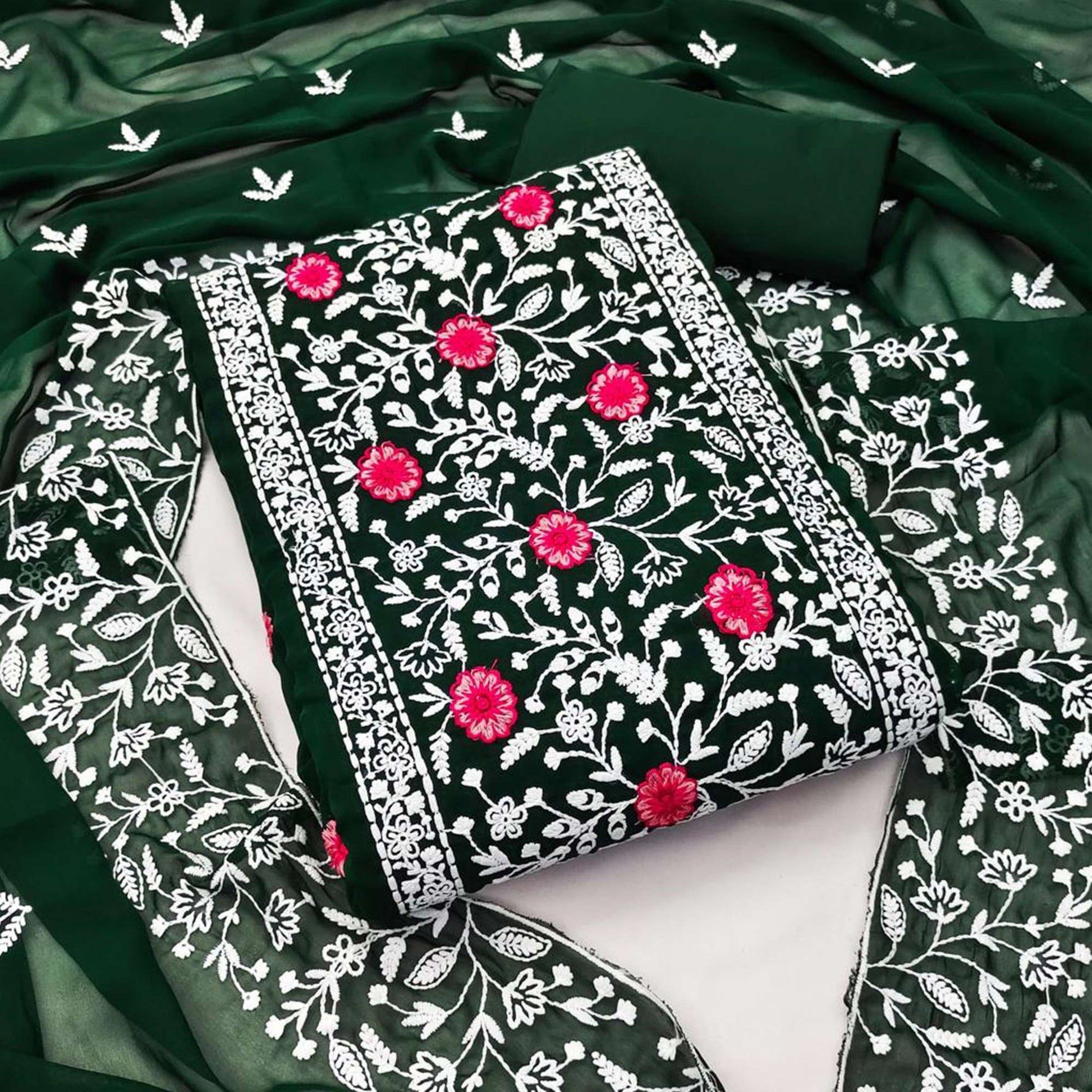Bottle Green Floral Embroidered Georgette Dress Material