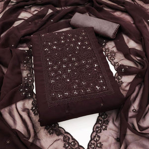 Brown Floral Embroidered Georgette Dress Material