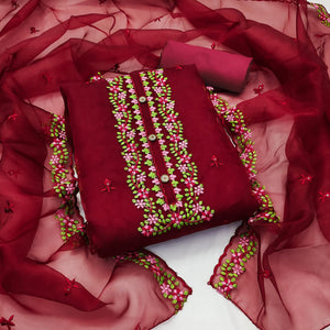 Maroon Floral Embroidered Organza Dress Material