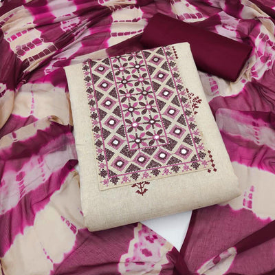 Chikoo & Wine Printed Cotton Dress Material