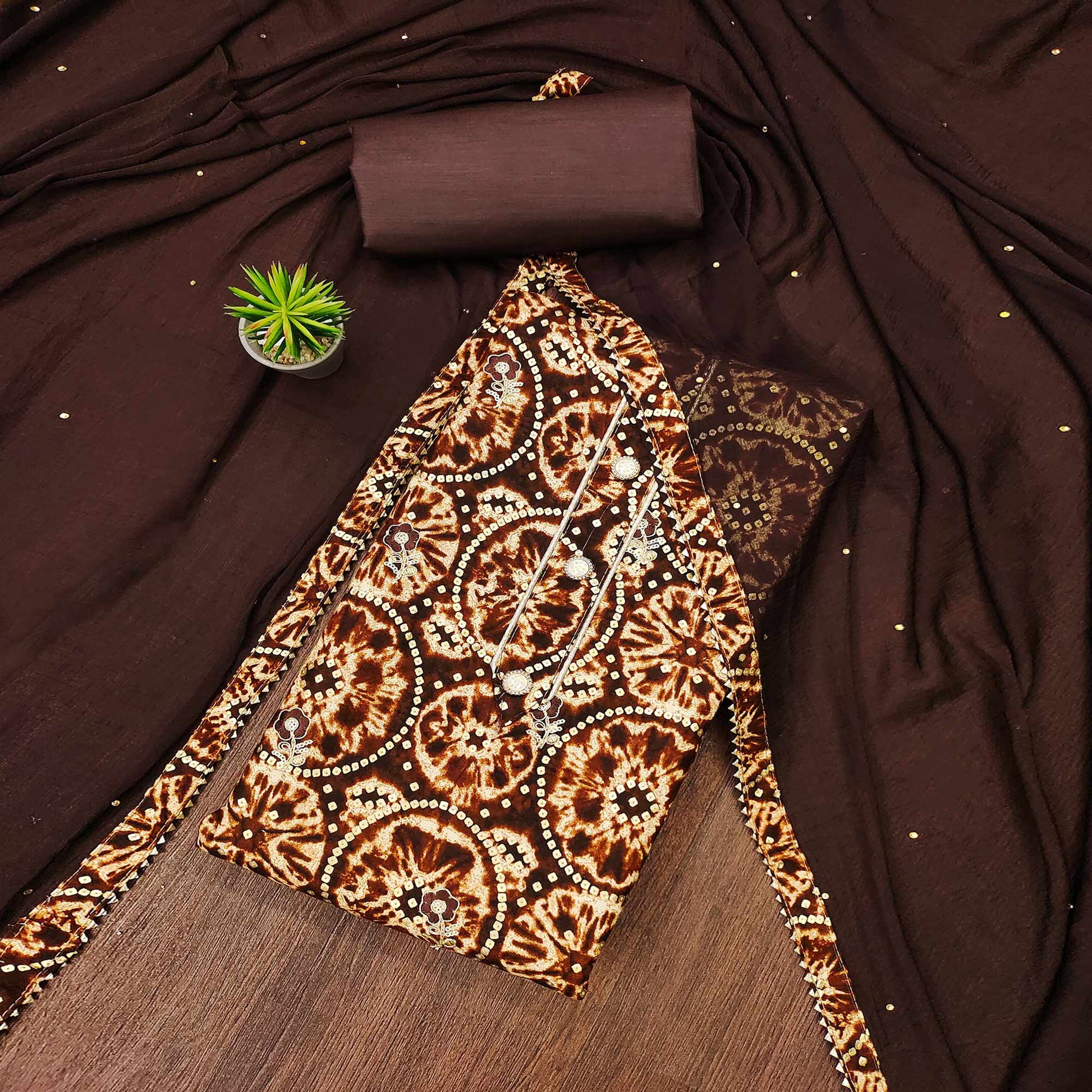 Brown Foil Printed Rayon Dress Material