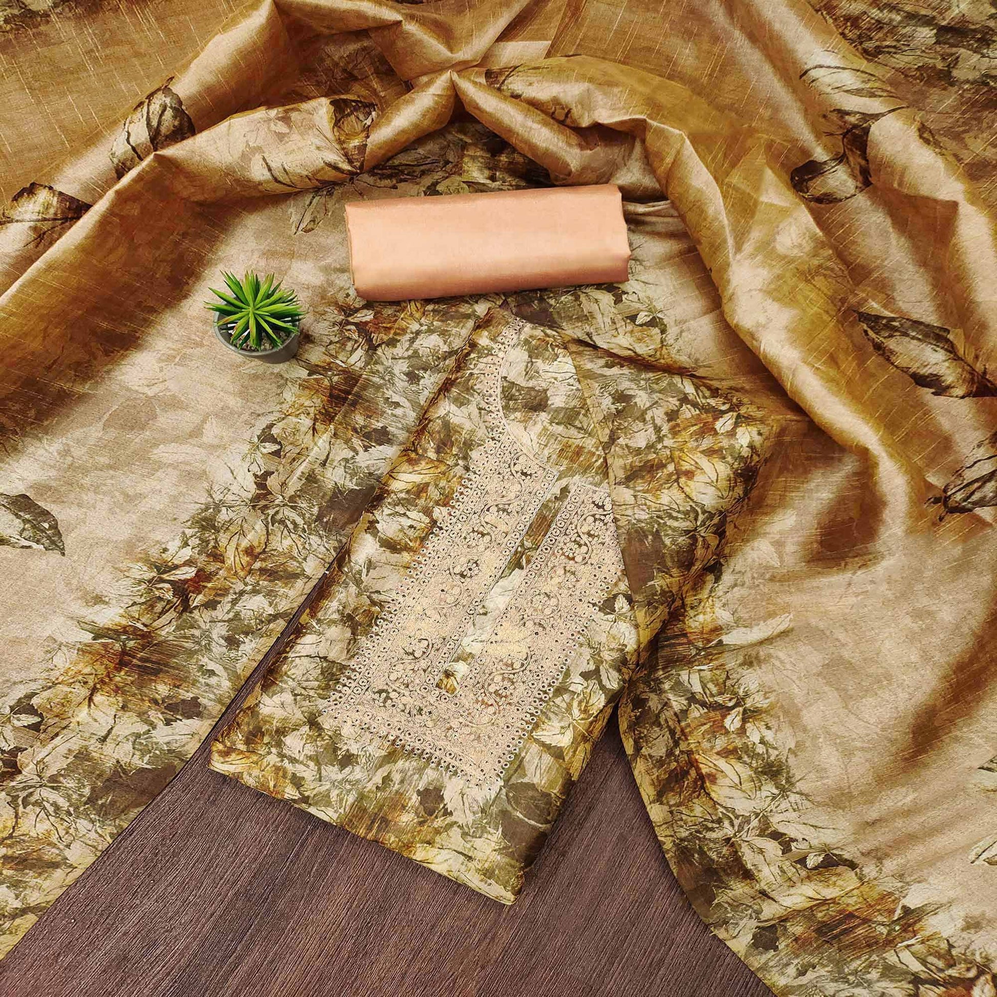 Brown Printed Cotton Silk Dress Material