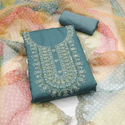 Bluish Grey Floral Sequins Embroidered Roman Chanderi Silk Dress Material