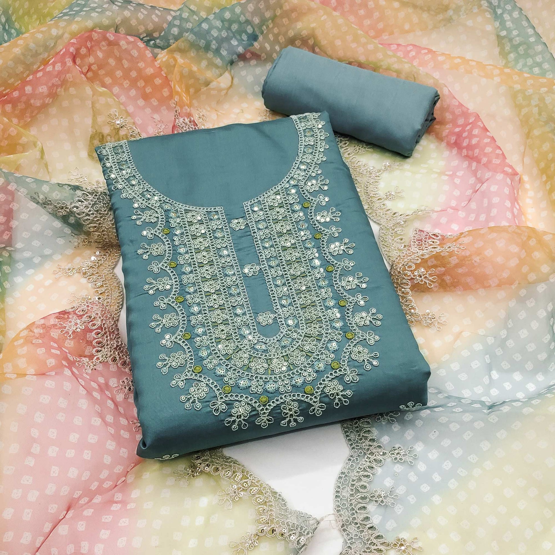 Bluish Grey Floral Sequins Embroidered Roman Chanderi Silk Dress Material