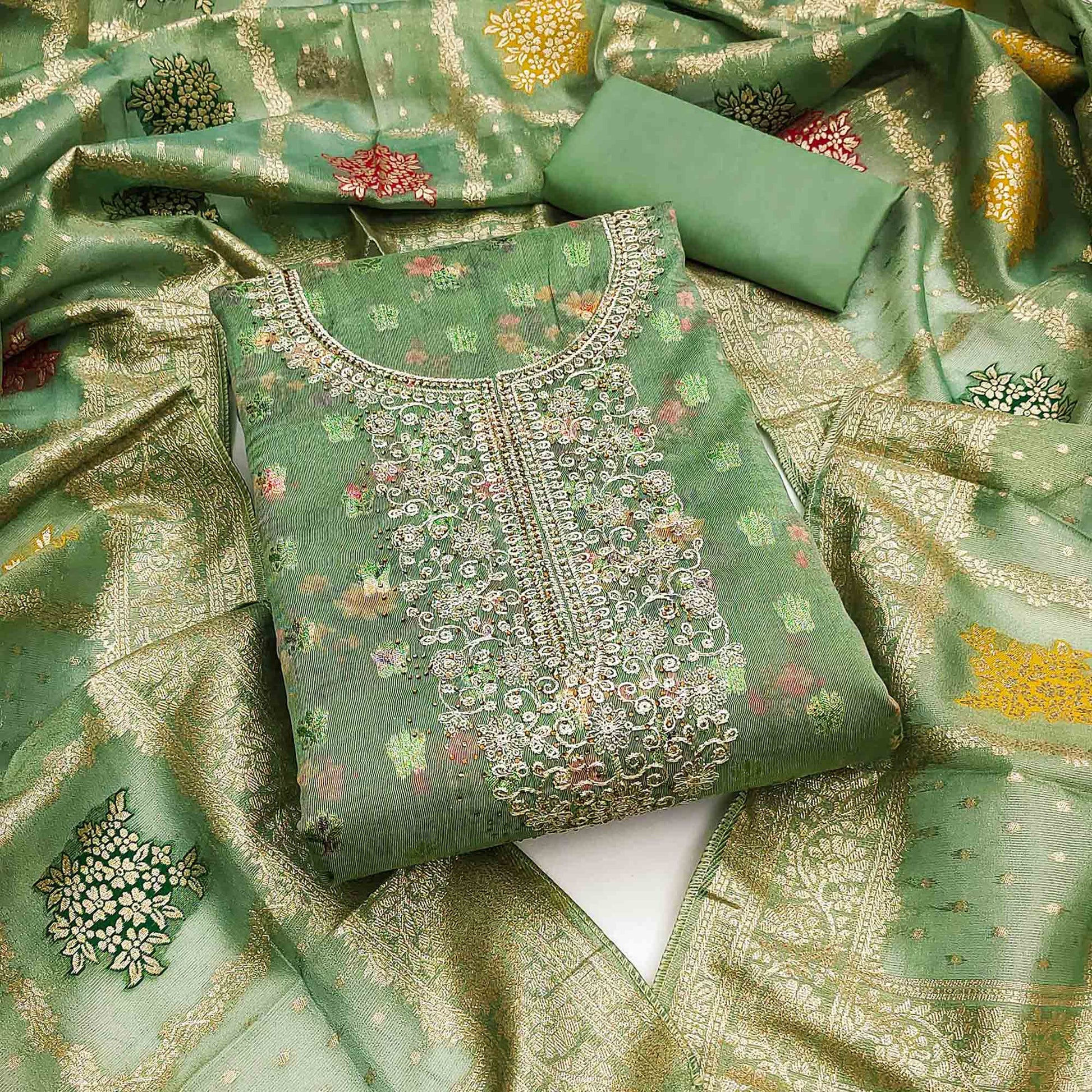 green-floral-print-with-zari-woven-cotton-silk-dress-material-1