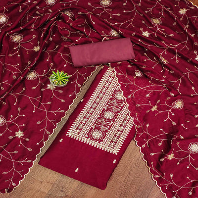 Maroon Sequins Embroidered Chinon Dress Material