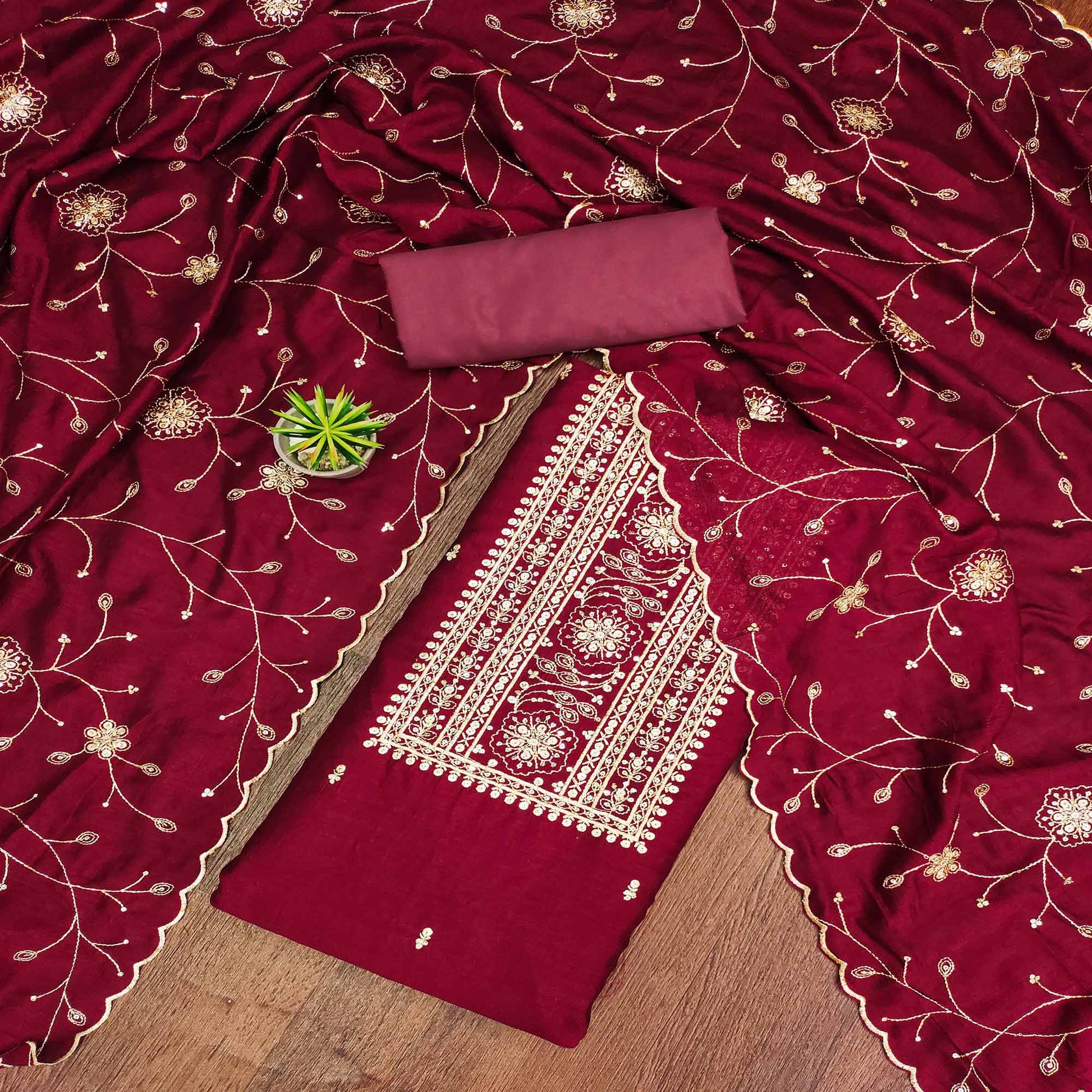 Maroon Sequins Embroidered Chinon Dress Material