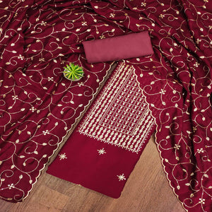 Maroon Sequins Embroidered Chinon Dress Material