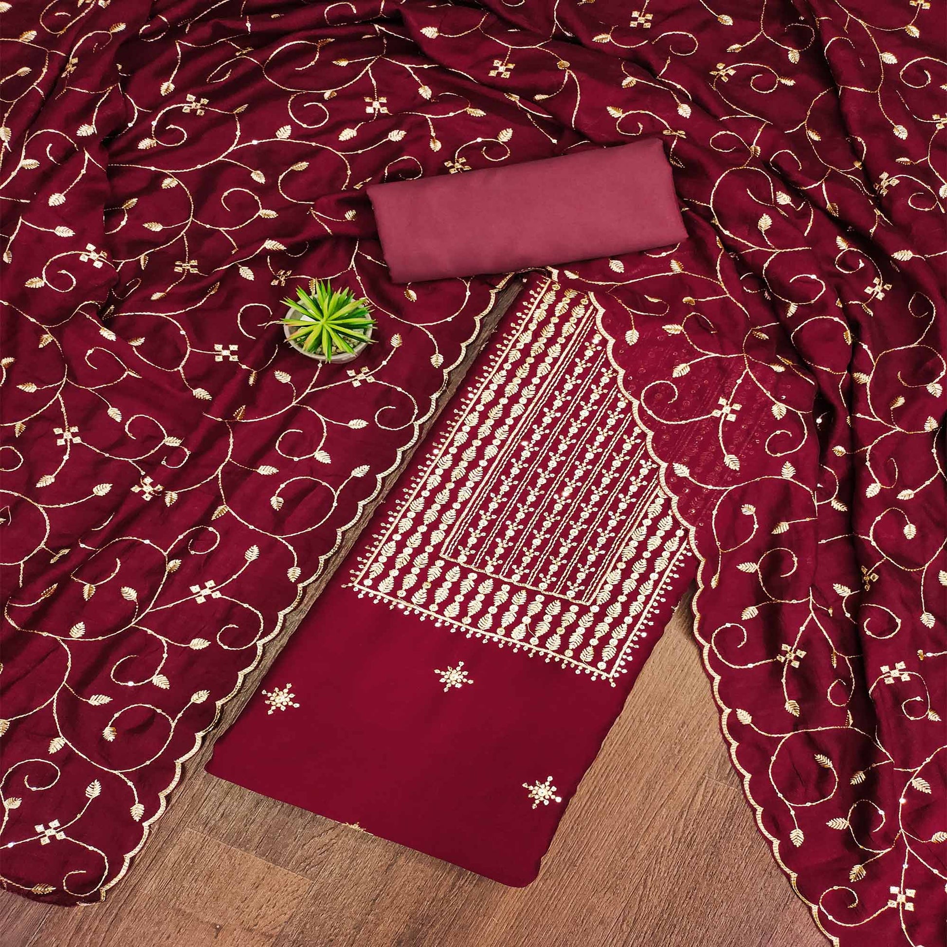Maroon Sequins Embroidered Chinon Dress Material