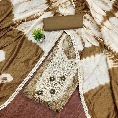 Brown Floral Embroidered Pure Cotton Dress Material