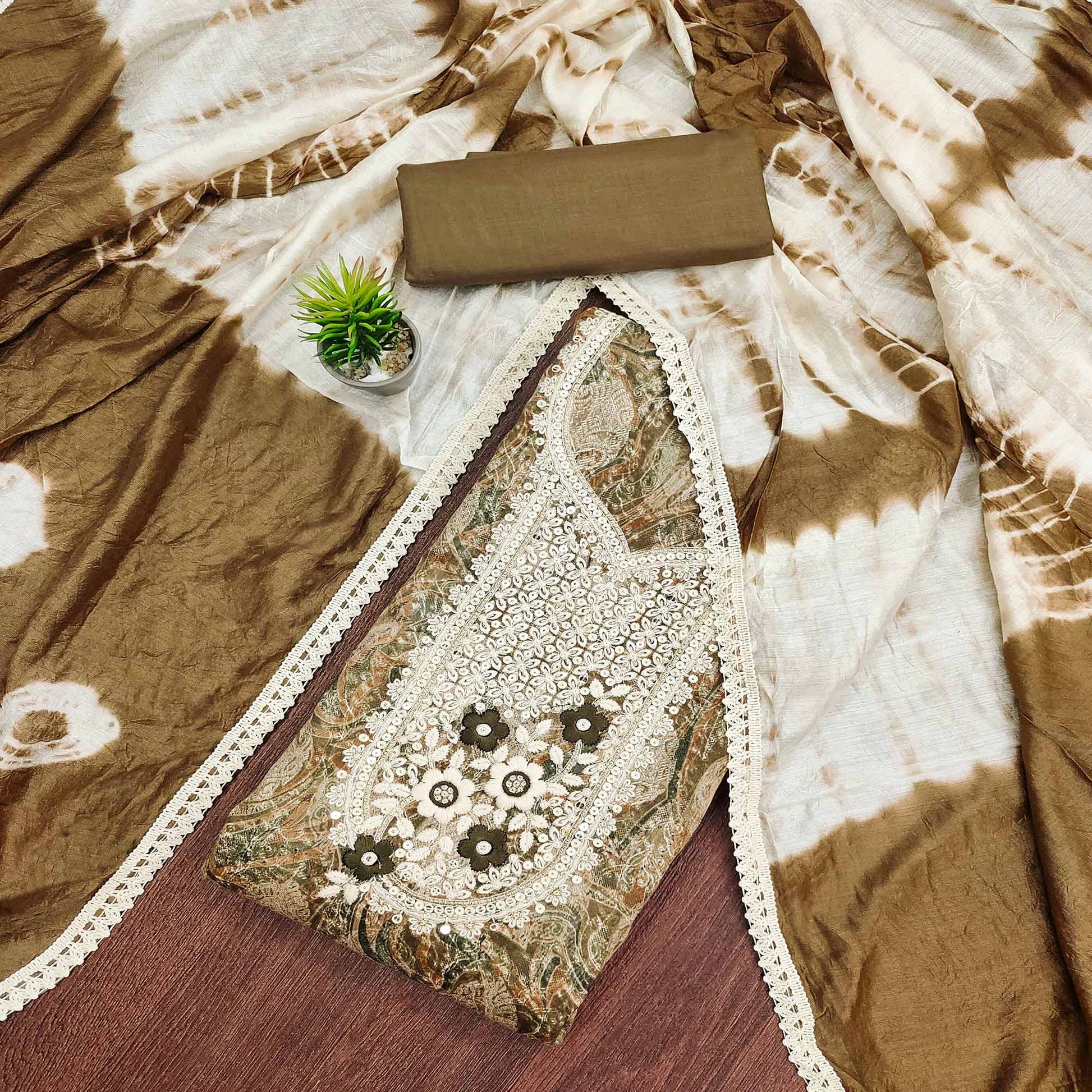 Brown Floral Embroidered Pure Cotton Dress Material