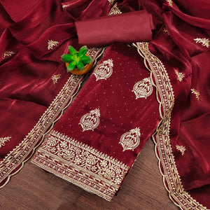 Maroon Floral Embroidery With Stonework Mulberry Silk Dress Material