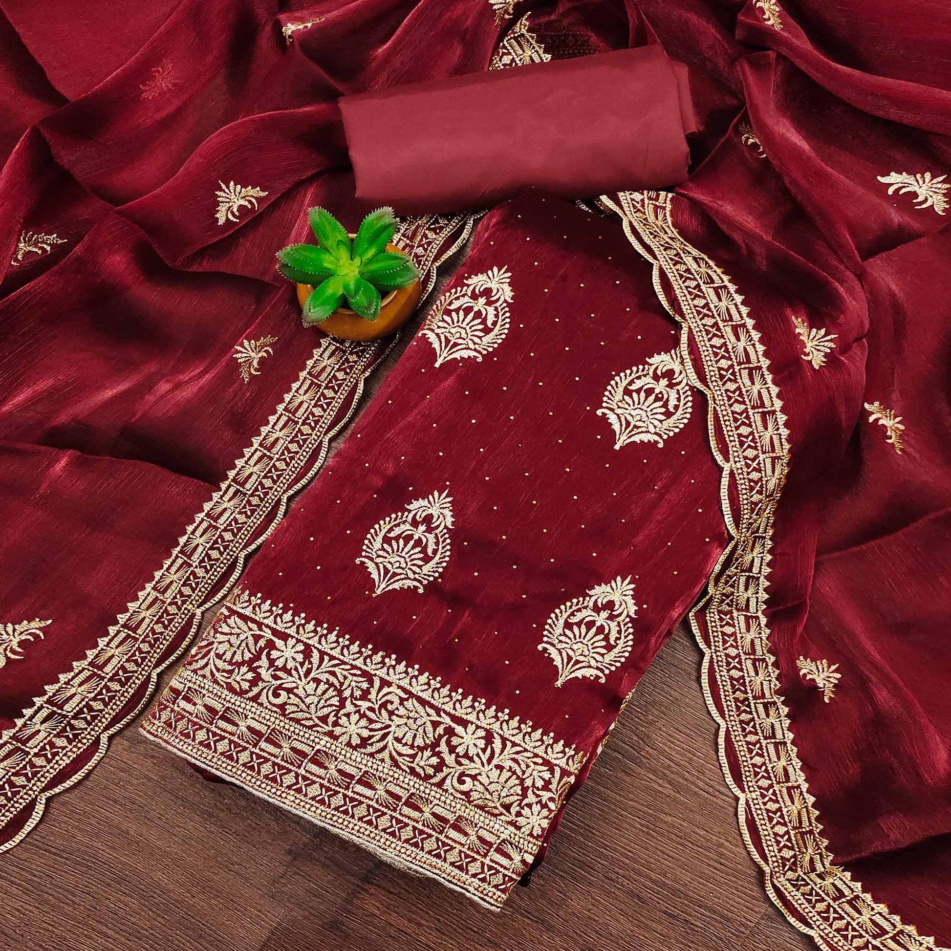 Maroon Floral Embroidery With Stonework Mulberry Silk Dress Material