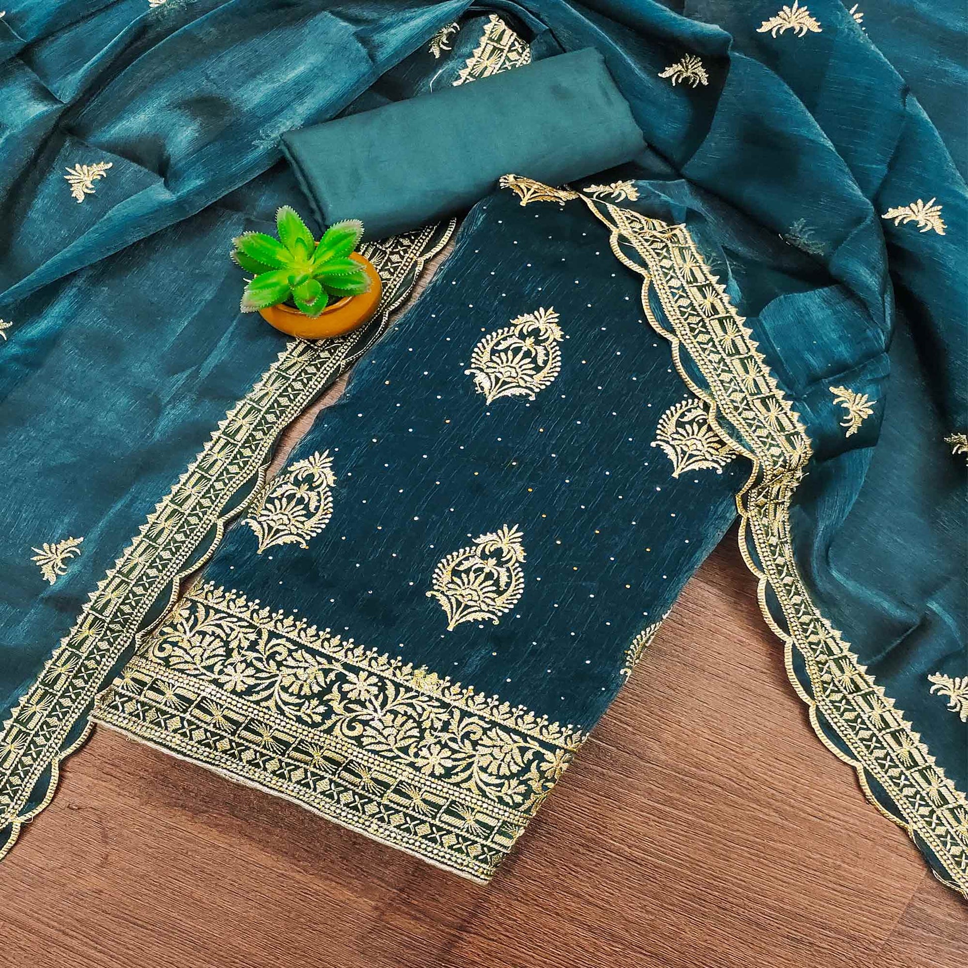 Morpich Floral Embroidery With Stonework Mulberry Silk Dress Material