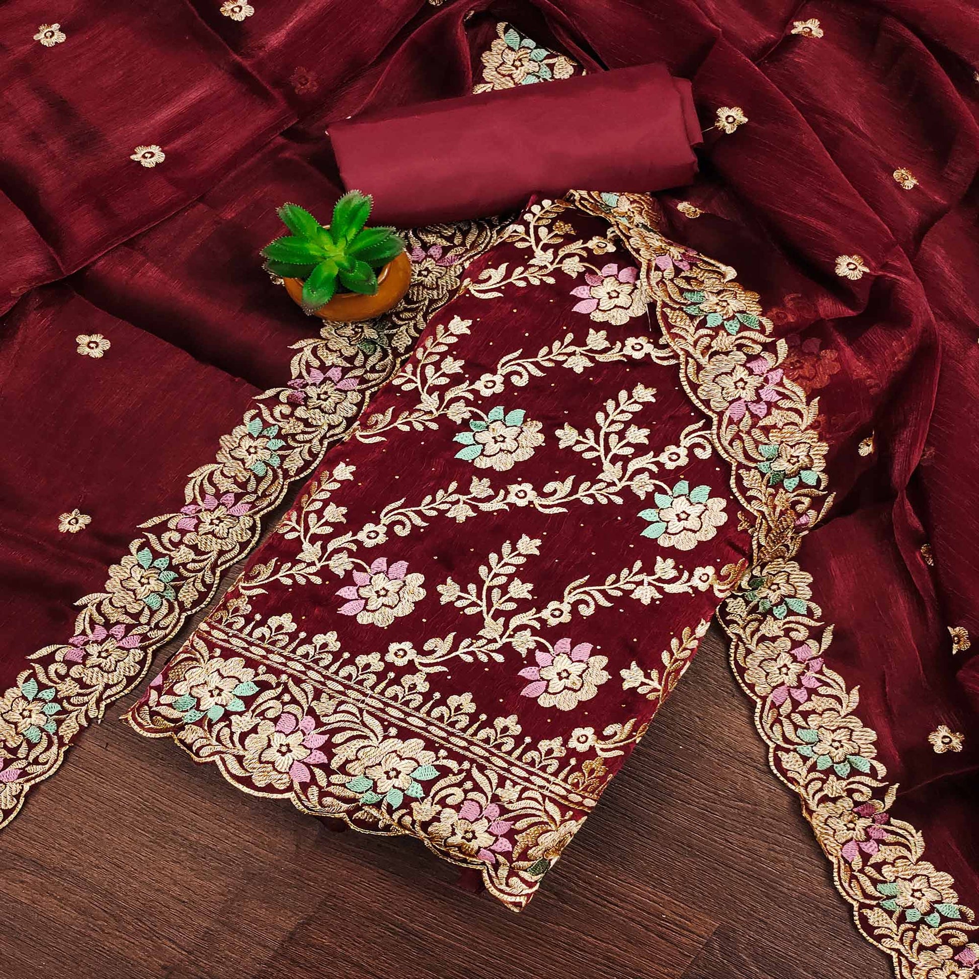 Maroon Floral Embroidery With Stonework Mulberry Silk Dress Material