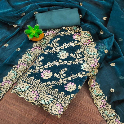 Morpich Floral Embroidery With Stonework Mulberry Silk Dress Material