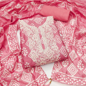 Gajari Pink Batik Printed With Embroidered Pure Cotton Dress Material