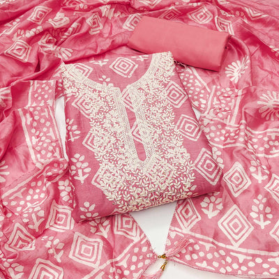 Gajari Pink Batik Printed With Embroidered Pure Cotton Dress Material