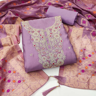 Light Purple Floral Sequins Embroidered Roman Cotton Silk Dress Material
