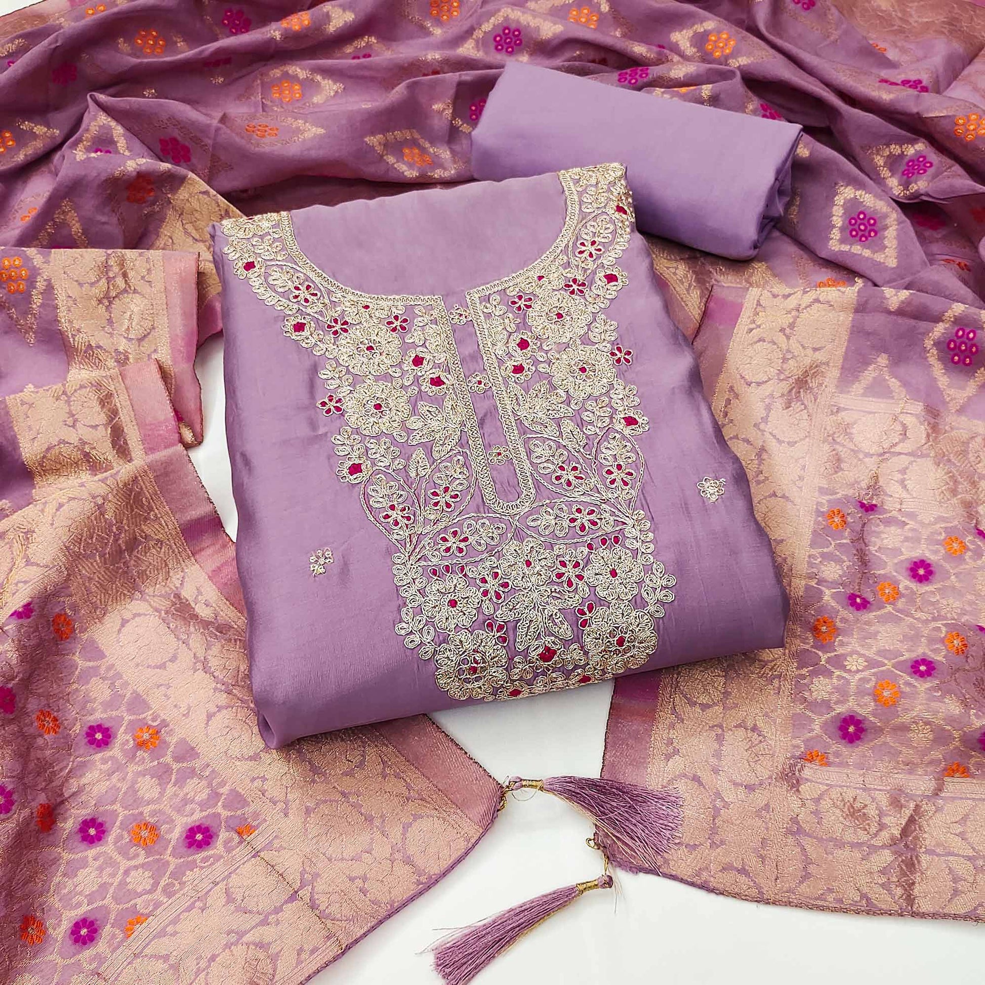 Light Purple Floral Sequins Embroidered Roman Cotton Silk Dress Material