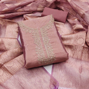Mauve Woven With Embroidered Banarasi Silk Shimmer Crush Dress Material