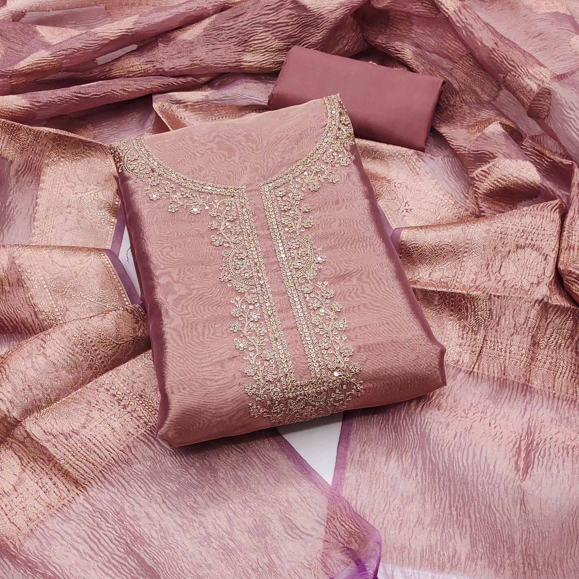 Mauve Woven With Embroidered Banarasi Silk Shimmer Crush Dress Material
