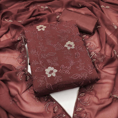 Brown Floral Embroidered With Stonework Georgette Dress Material