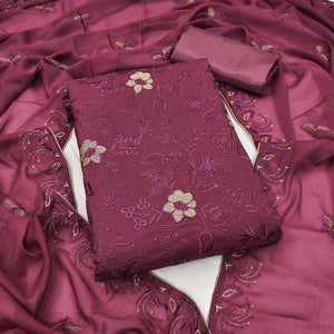 Dark Mauve Floral Embroidered With Stonework Georgette Dress Material