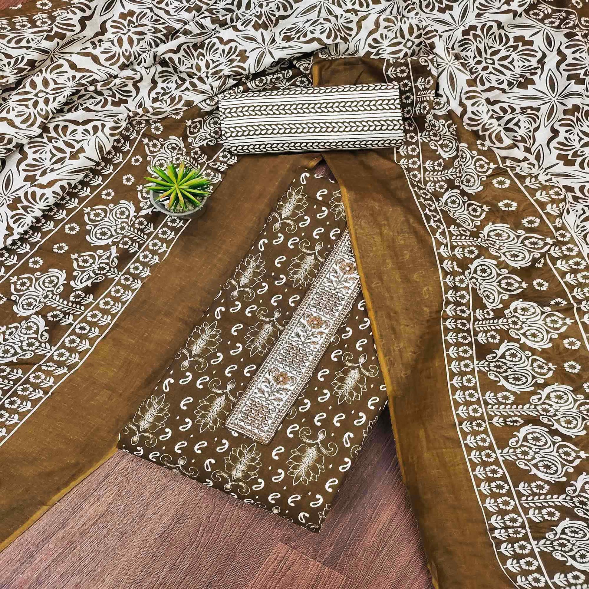 Brown Foil Printed Pure Cotton Dress Material