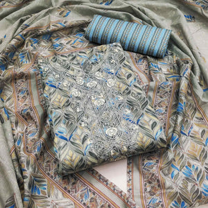 Grey Printed With Embroidery Pure Cotton Dress Material