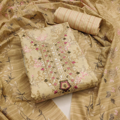 Cream Floral Printed With Embroidery Pure Cotton Dress Material