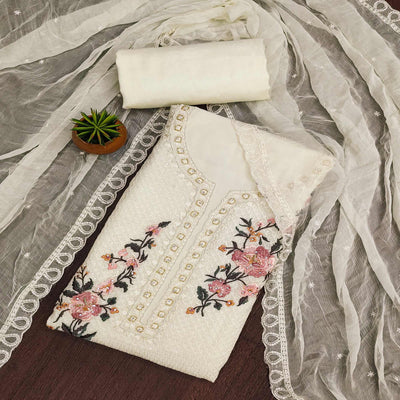 Cream Floral Sequins Embroidered Georgette Dress Material