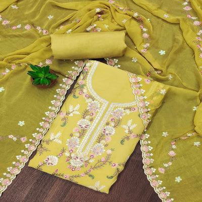 Lemon Yellow Floral Sequins Embroidered Georgette Dress Material