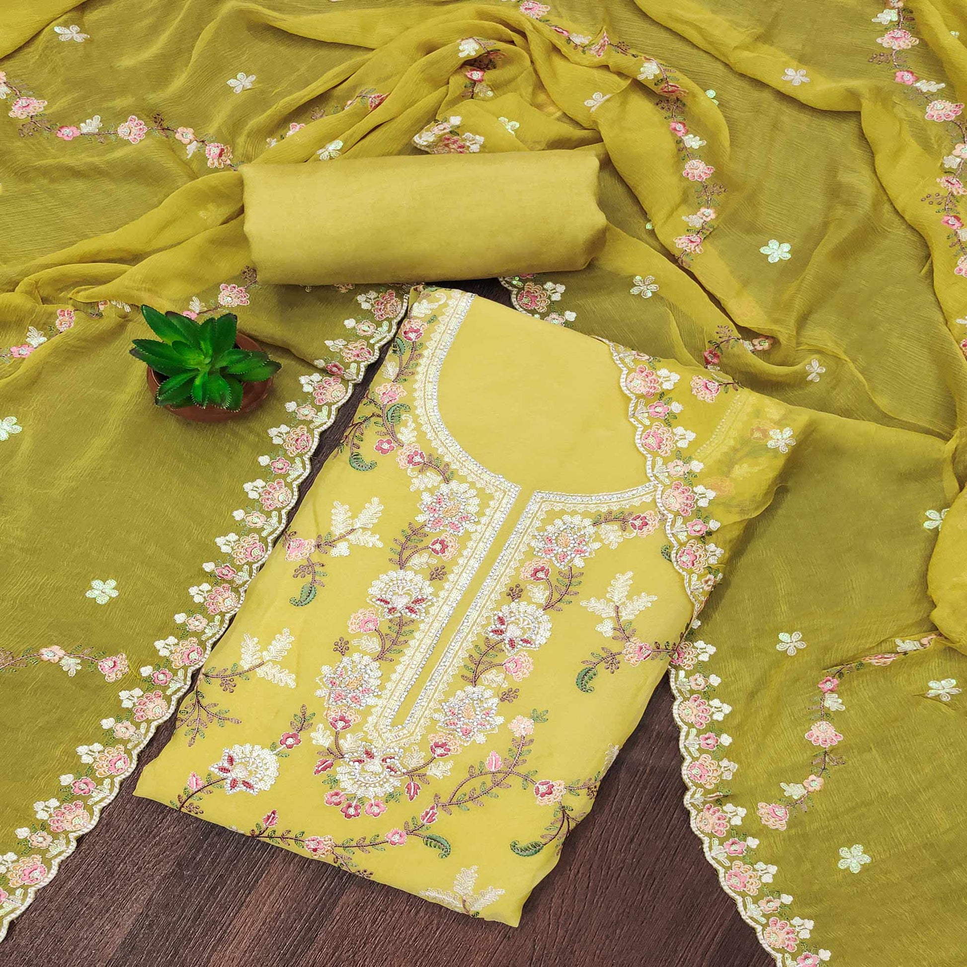 Lemon Yellow Floral Sequins Embroidered Georgette Dress Material