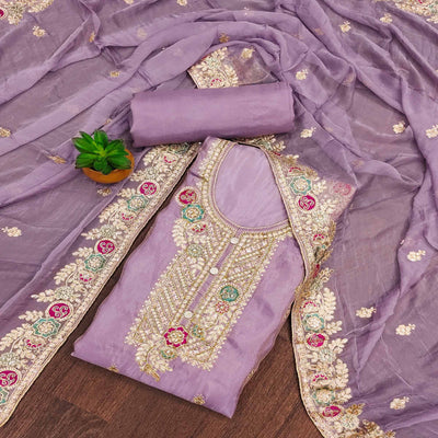 Lavender Floral Sequins Embroidered Organza Dress Material