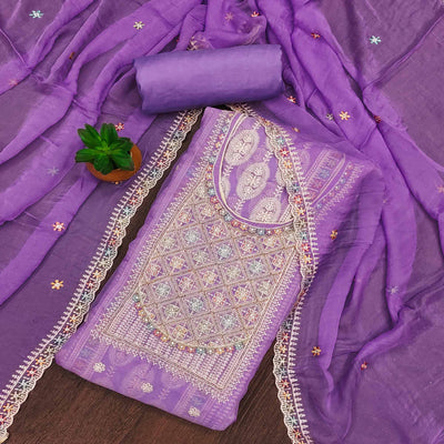 Lavender Floral Embroidered Organza Dress Material