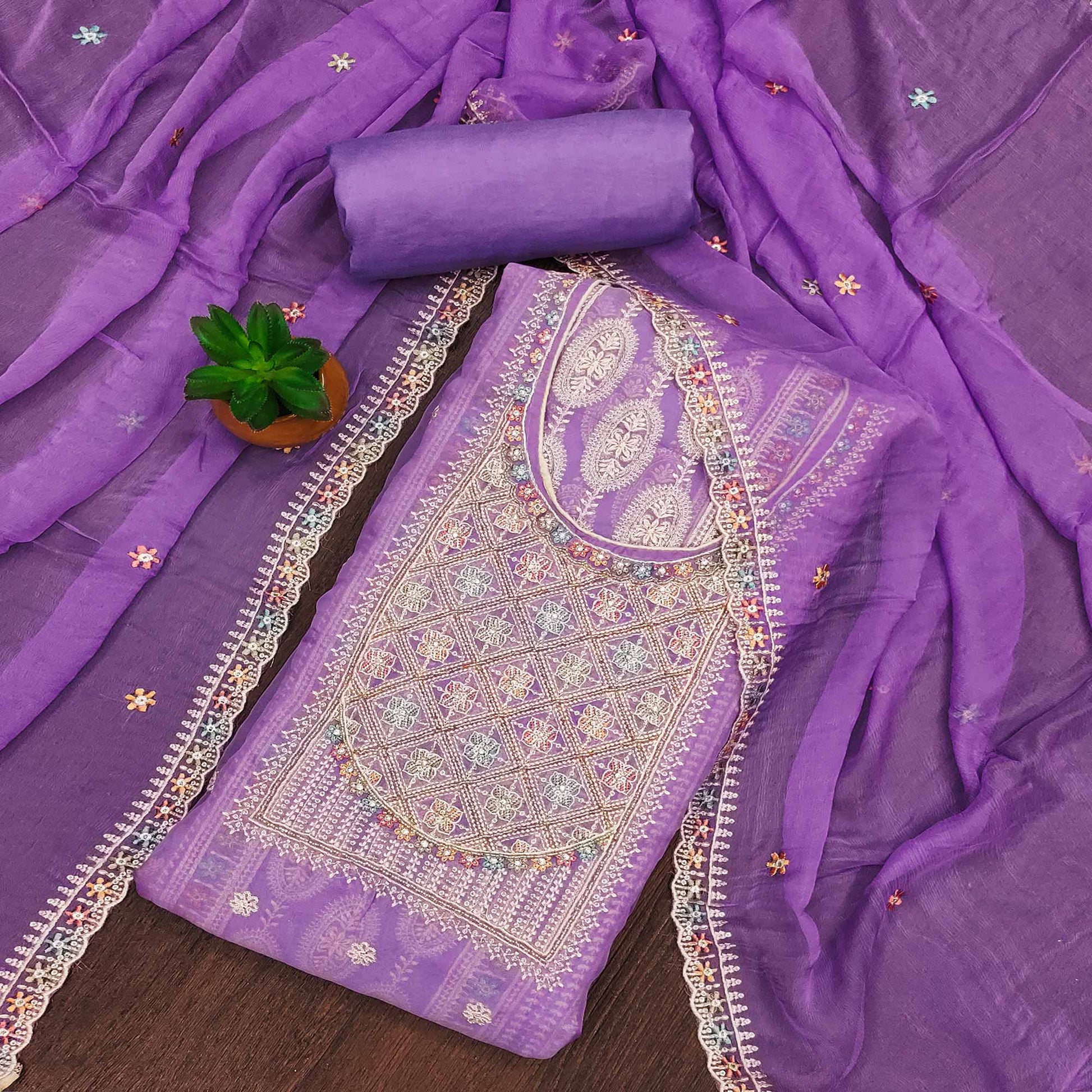 Lavender Floral Embroidered Organza Dress Material