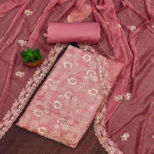 Dusty Pink Floral Embroidered Organza Dress Material