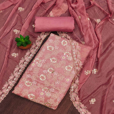 Dusty Pink Floral Embroidered Organza Dress Material