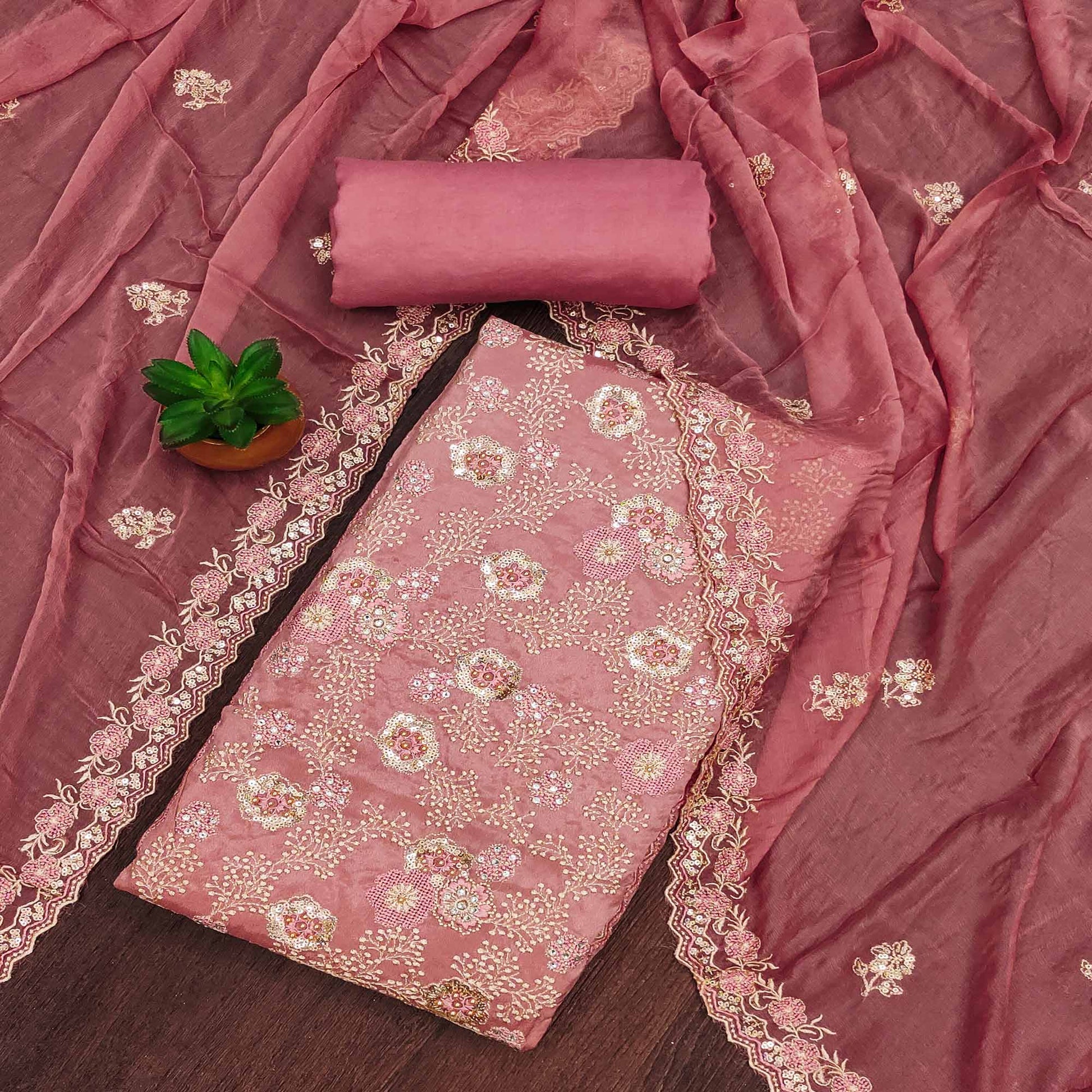 Dusty Pink Floral Embroidered Organza Dress Material