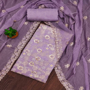Lavender Floral Embroidered Organza Dress Material